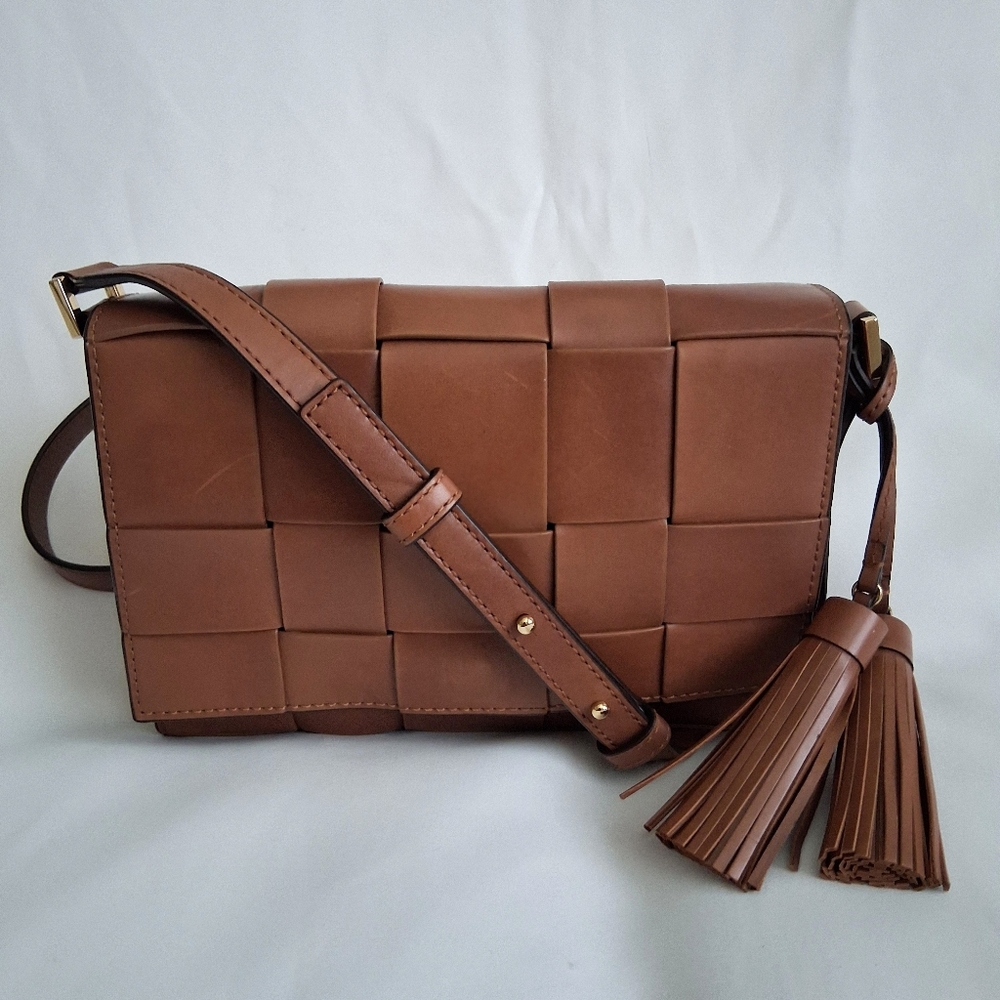Michael Kors Vivian Brown Woven Leather Small Crossbody Bag